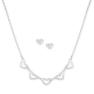 NWT Charter Club silver tone stud earrings and hearts statement necklace set 17"